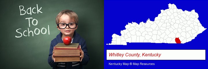 the back-to-school concept; Whitley County, Kentucky highlighted in red on a map