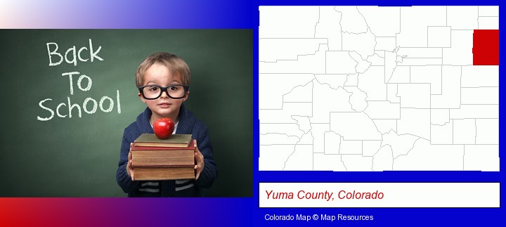 the back-to-school concept; Yuma County, Colorado highlighted in red on a map